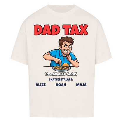 Dad Tax t-shirt med ditt foto som tecknad pappa och barnens namn. Rolig present till pappa
