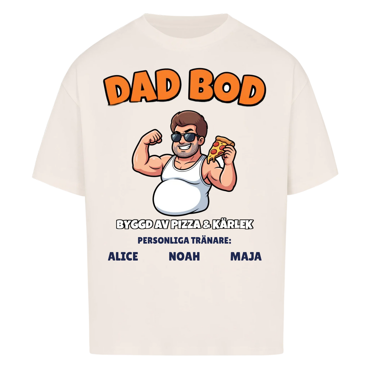 Dad Bod t-shirt med ditt foto som tecknad pappa och barnens namn. Rolig present till pappa