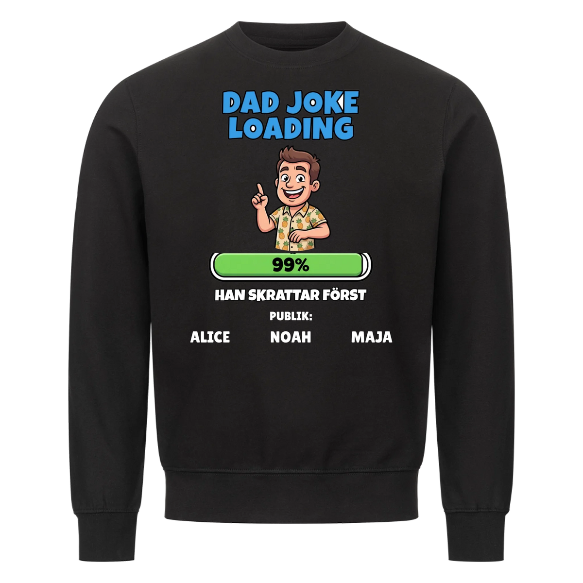 Dad Joke Loading t-shirt med ditt foto som tecknad pappa och barnens namn. Rolig present till pappa