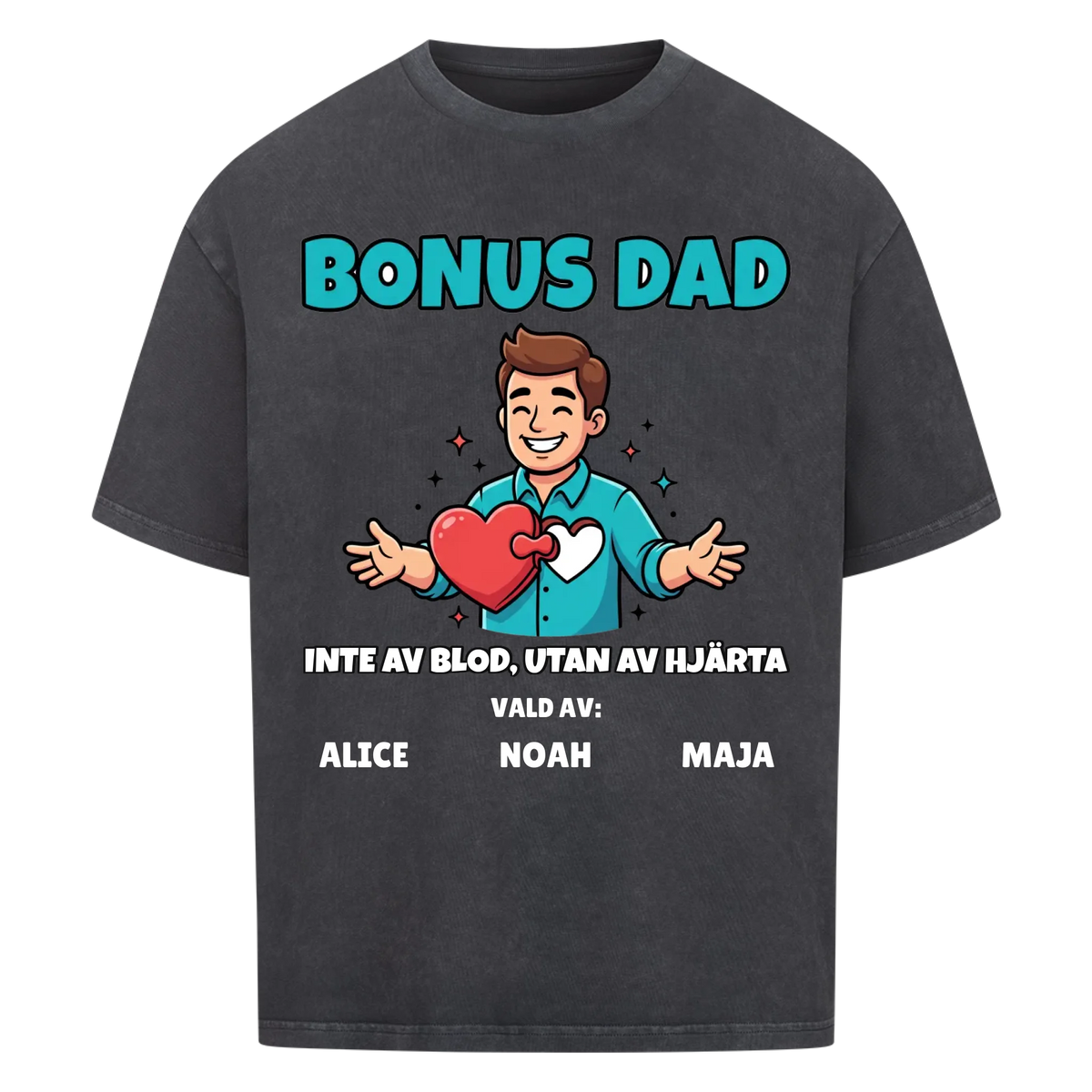 Bonus Dad t-shirt med ditt foto som tecknad bonuspappa och barnens namn. Personlig present till bonuspappa
