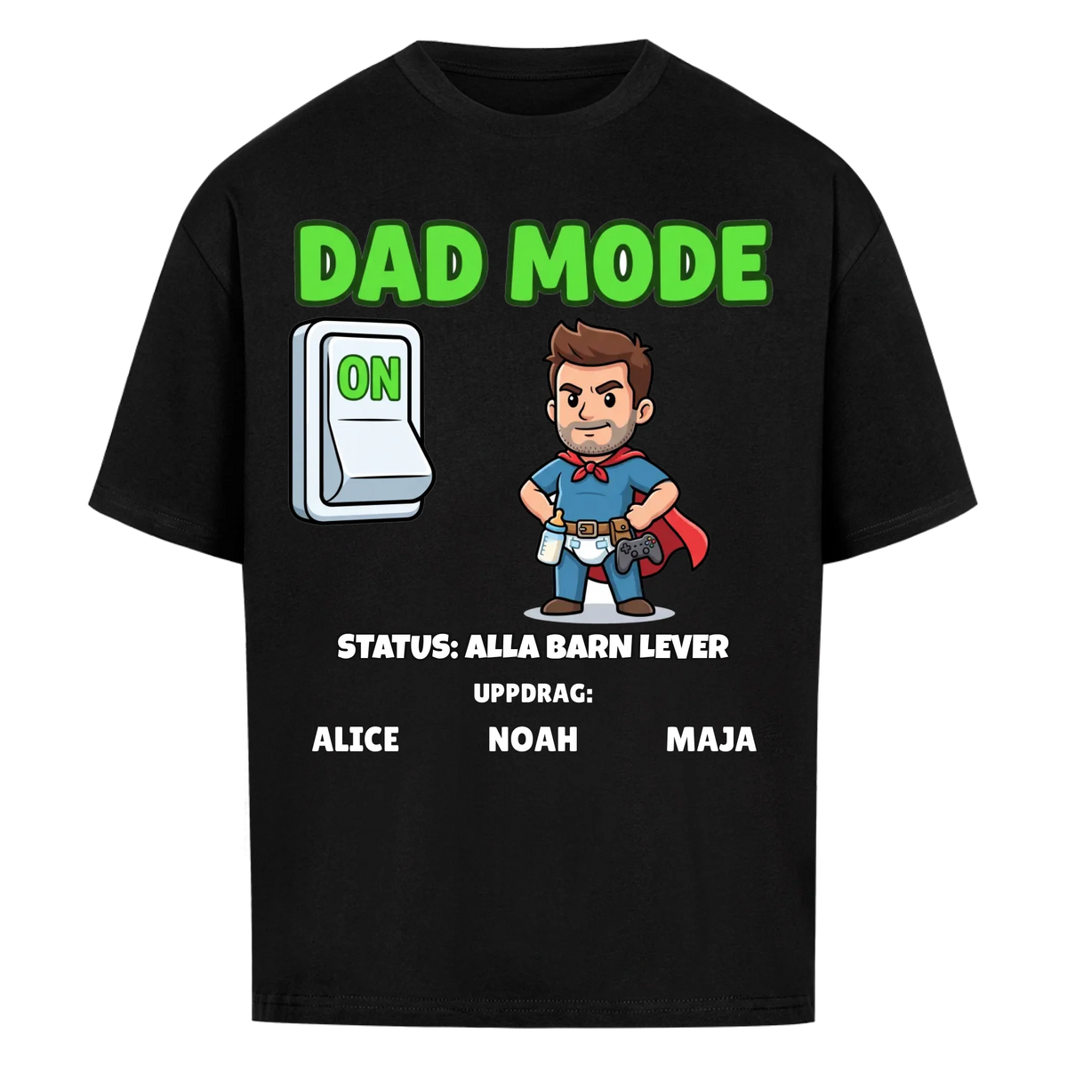 Dad Mode t-shirt med ditt foto som tecknad superpappa och barnens namn. Rolig present till pappa
