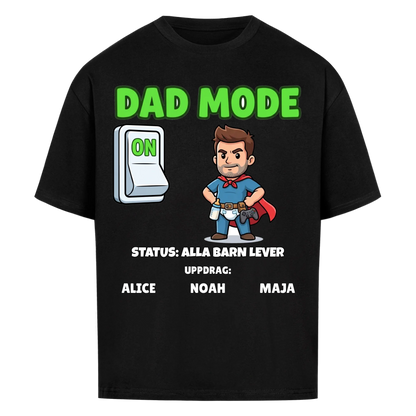 Dad Mode t-shirt med ditt foto som tecknad superpappa och barnens namn. Rolig present till pappa