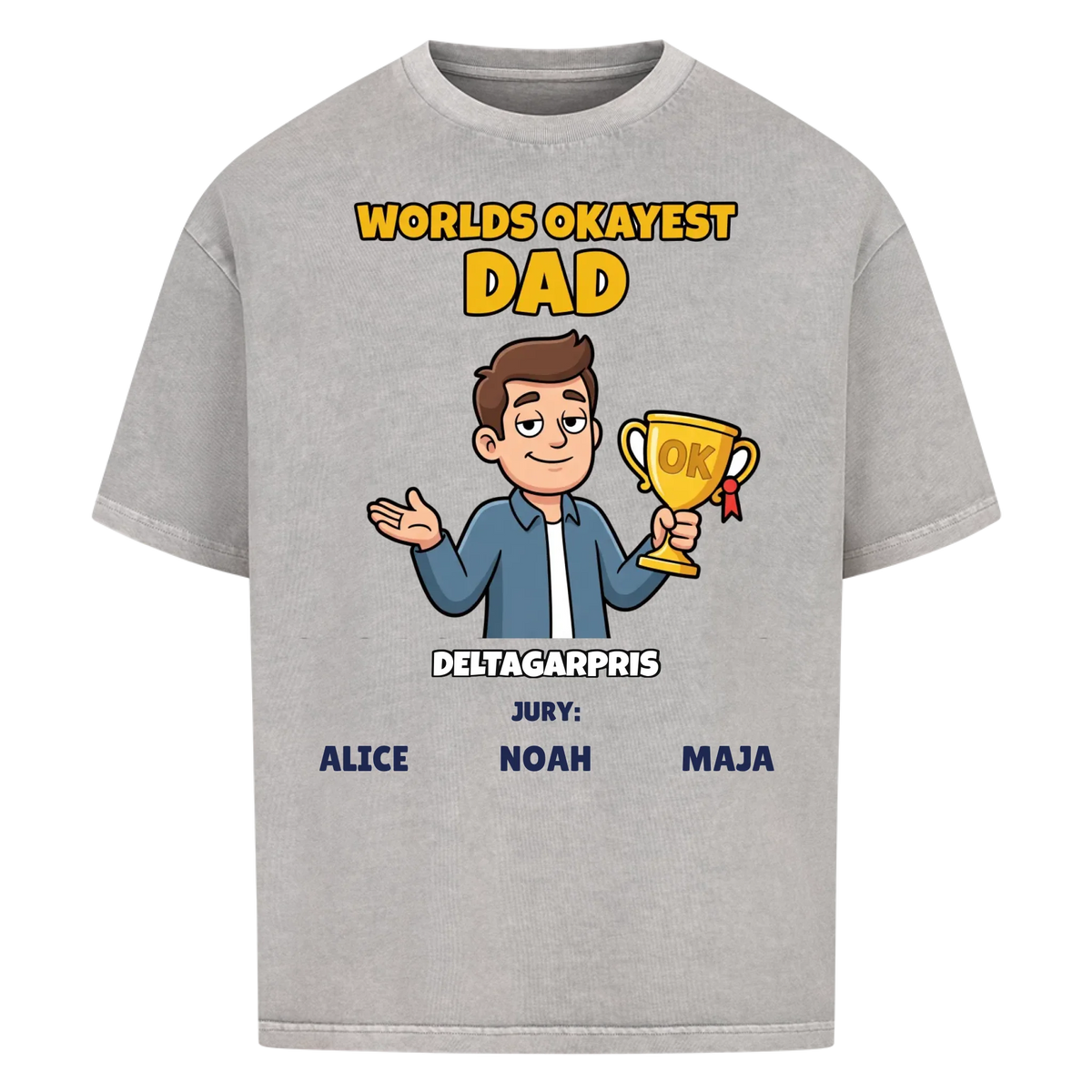 Worlds Okayest Dad t-shirt med ditt foto som tecknad pappa och barnens namn. Rolig present till pappa