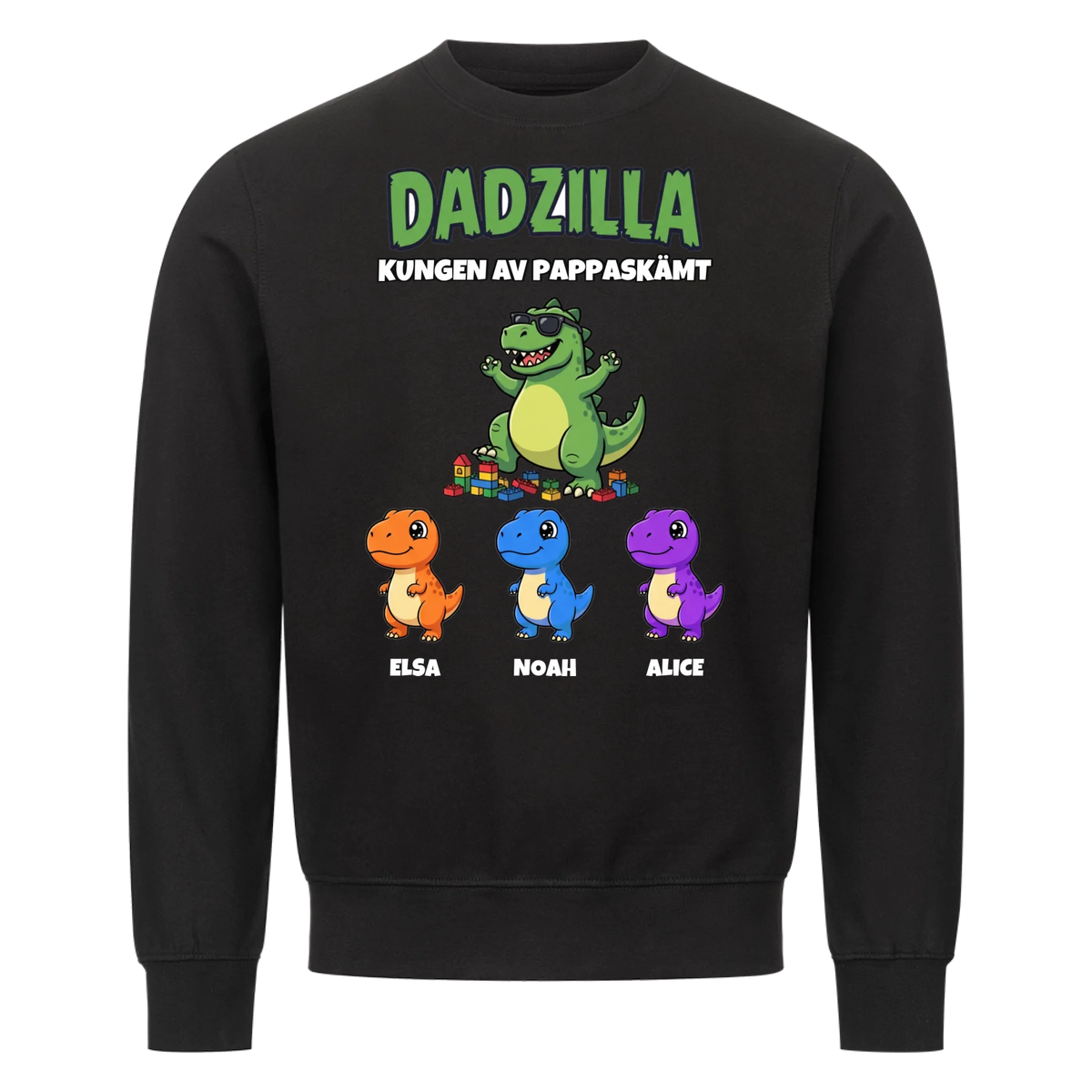 Dadzilla t-shirt med tecknad monsterpappa, små monster och barnens namn. Rolig present till pappa