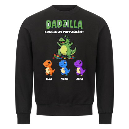 Dadzilla t-shirt med tecknad monsterpappa, små monster och barnens namn. Rolig present till pappa