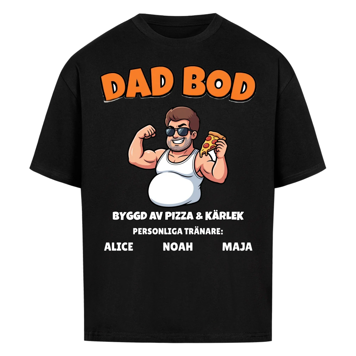 Dad Bod t-shirt med ditt foto som tecknad pappa och barnens namn. Rolig present till pappa