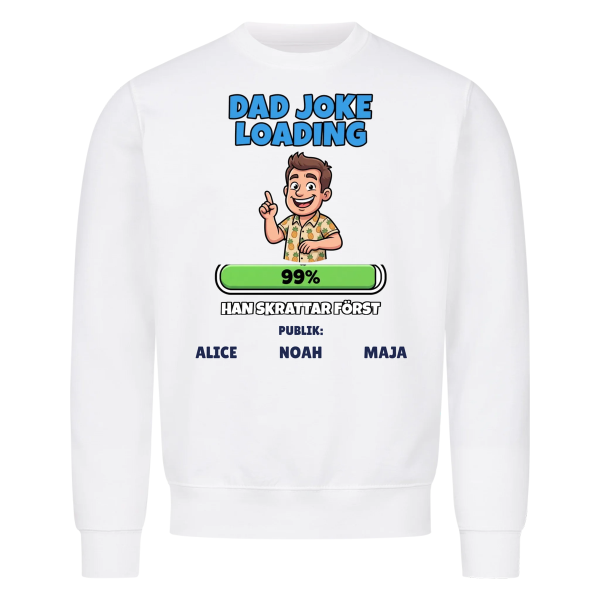 Dad Joke Loading t-shirt med ditt foto som tecknad pappa och barnens namn. Rolig present till pappa