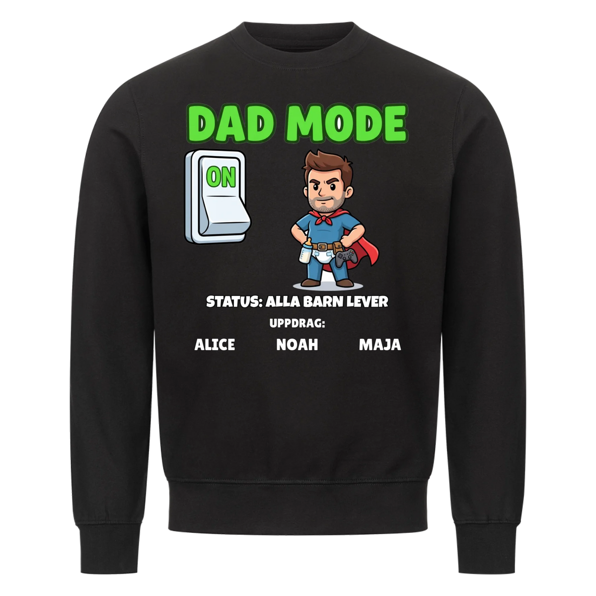 Dad Mode t-shirt med ditt foto som tecknad superpappa och barnens namn. Rolig present till pappa