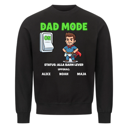 Dad Mode t-shirt med ditt foto som tecknad superpappa och barnens namn. Rolig present till pappa