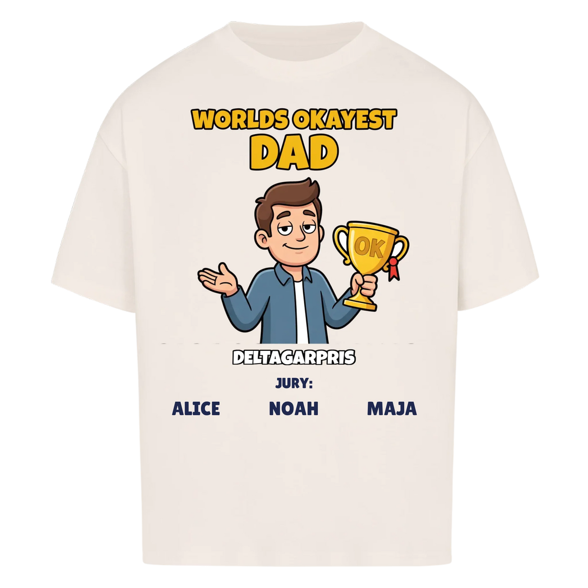 Worlds Okayest Dad t-shirt med ditt foto som tecknad pappa och barnens namn. Rolig present till pappa