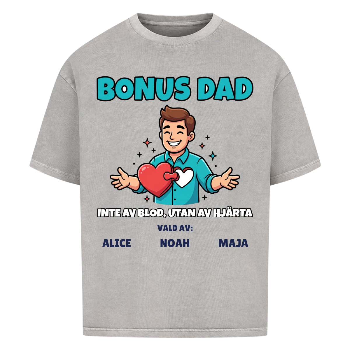 Bonus Dad t-shirt med ditt foto som tecknad bonuspappa och barnens namn. Personlig present till bonuspappa