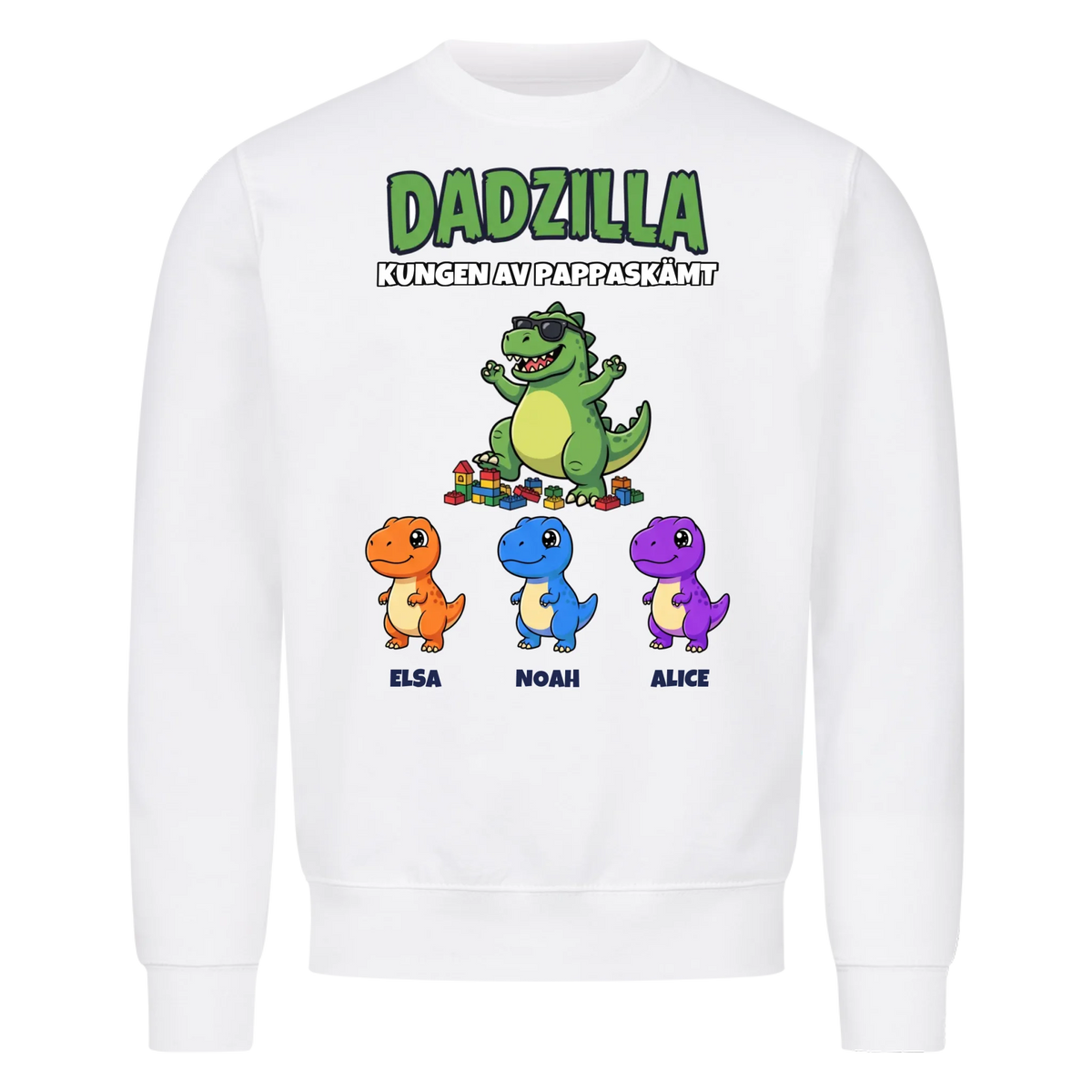 Dadzilla t-shirt med tecknad monsterpappa, små monster och barnens namn. Rolig present till pappa
