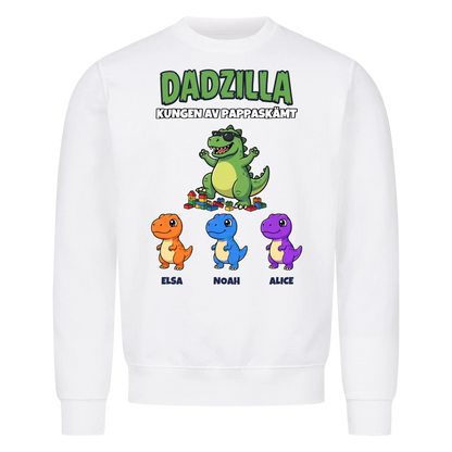 Dadzilla t-shirt med tecknad monsterpappa, små monster och barnens namn. Rolig present till pappa