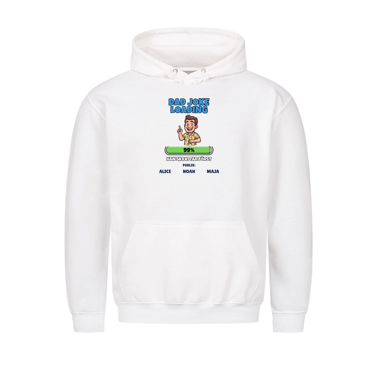 Dad Joke Loading t-shirt med ditt foto som tecknad pappa och barnens namn. Rolig present till pappa
