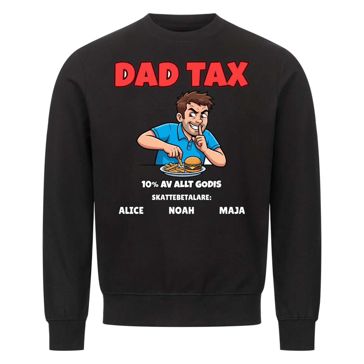 Dad Tax t-shirt med ditt foto som tecknad pappa och barnens namn. Rolig present till pappa