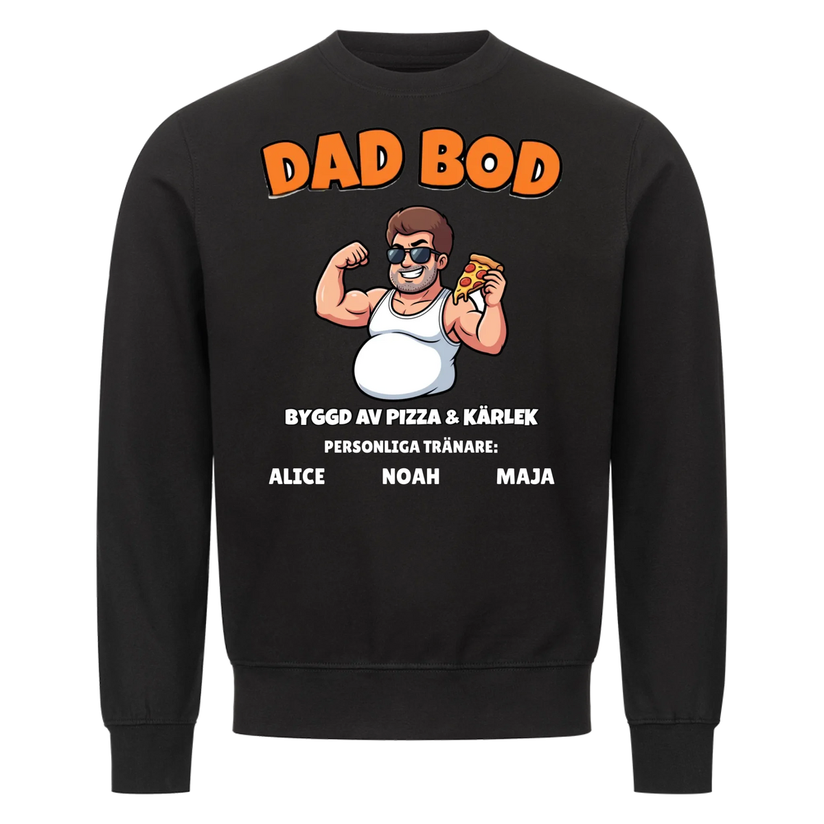 Dad Bod t-shirt med ditt foto som tecknad pappa och barnens namn. Rolig present till pappa