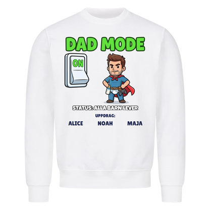 Dad Mode t-shirt med ditt foto som tecknad superpappa och barnens namn. Rolig present till pappa