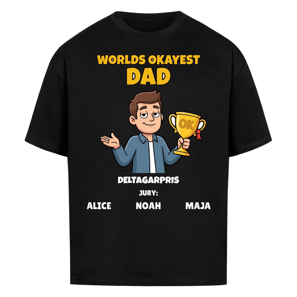 Worlds Okayest Dad t-shirt med ditt foto som tecknad pappa och barnens namn. Rolig present till pappa