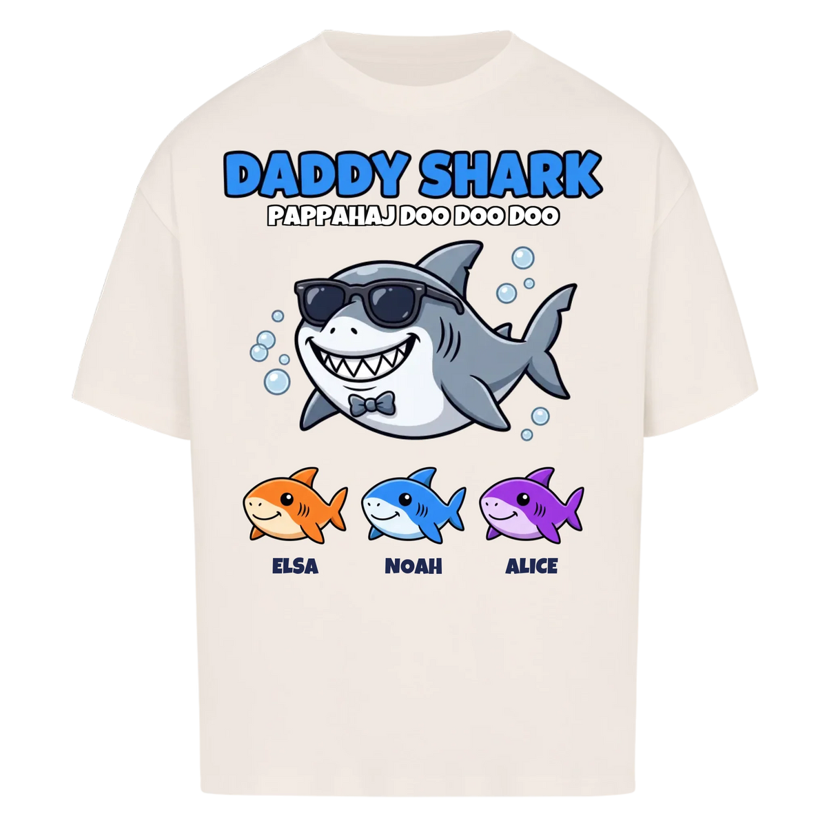 Daddy Shark t-shirt med tecknad hajpappa, små hajar och barnens namn. Rolig present till pappa