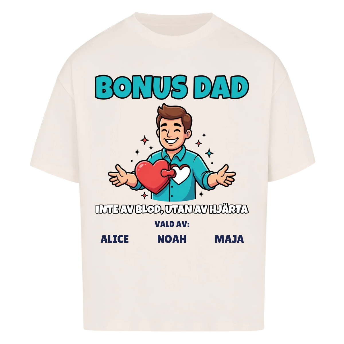 Bonus Dad t-shirt med ditt foto som tecknad bonuspappa och barnens namn. Personlig present till bonuspappa