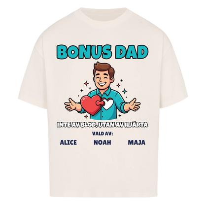 Bonus Dad t-shirt med ditt foto som tecknad bonuspappa och barnens namn. Personlig present till bonuspappa