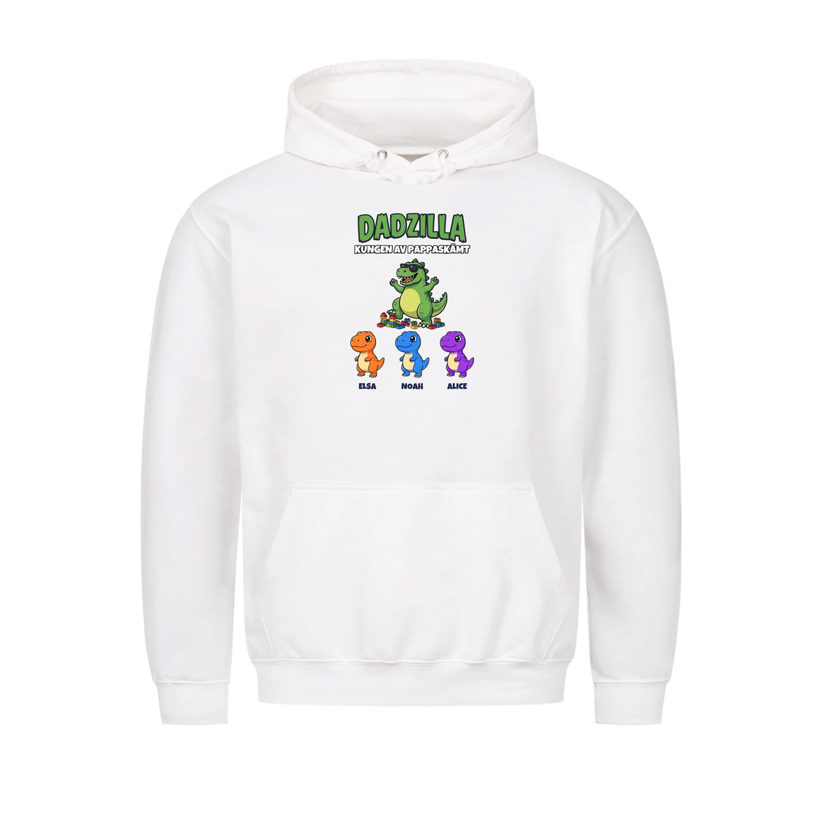 Dadzilla t-shirt med tecknad monsterpappa, små monster och barnens namn. Rolig present till pappa