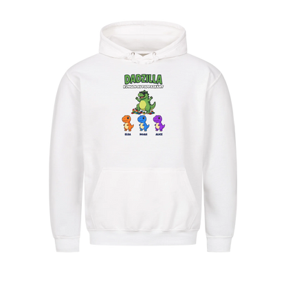 Dadzilla t-shirt med tecknad monsterpappa, små monster och barnens namn. Rolig present till pappa