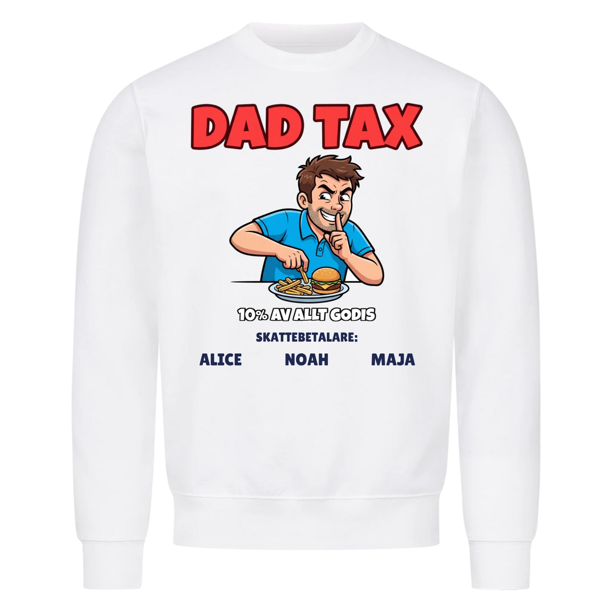 Dad Tax t-shirt med ditt foto som tecknad pappa och barnens namn. Rolig present till pappa