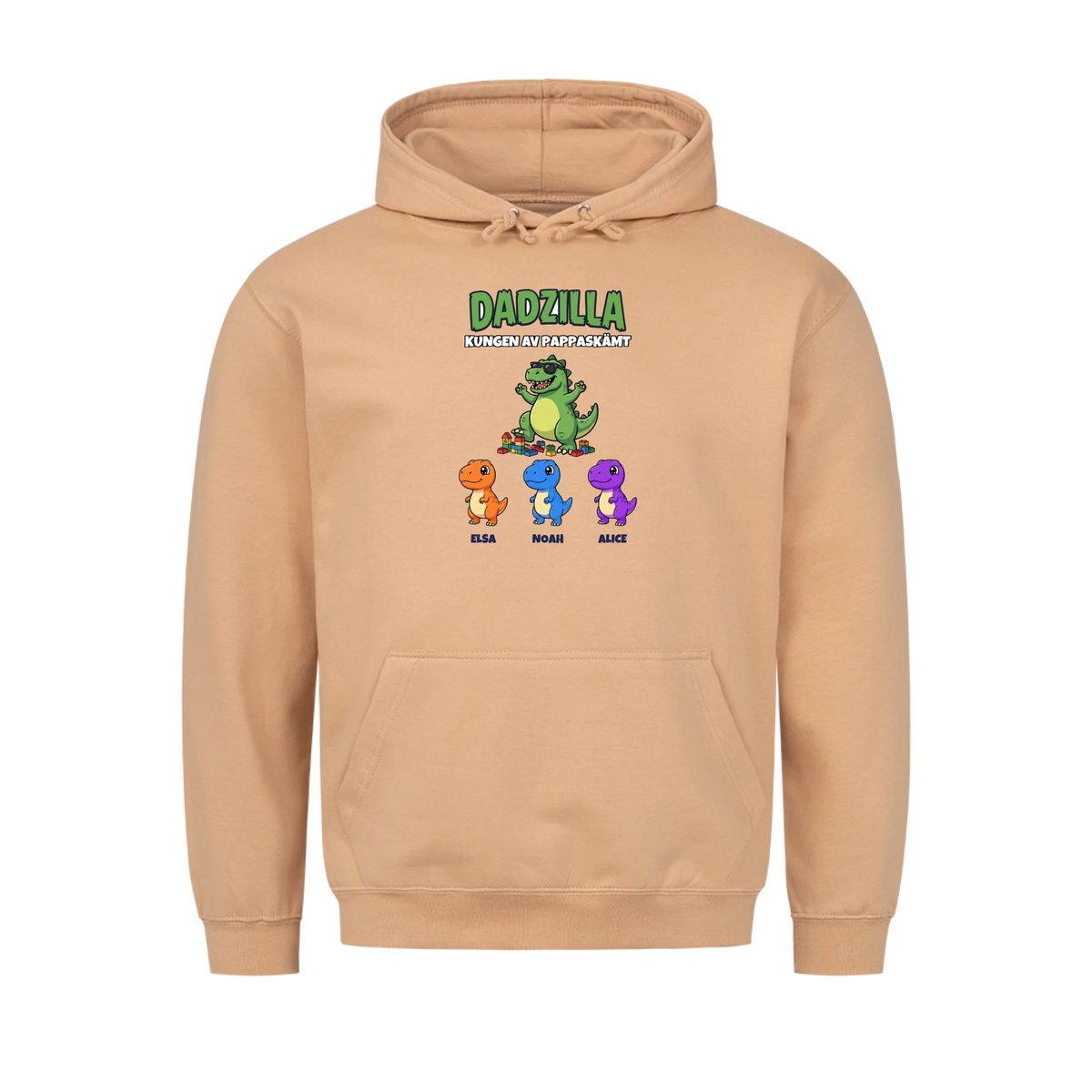 Dadzilla t-shirt med tecknad monsterpappa, små monster och barnens namn. Rolig present till pappa