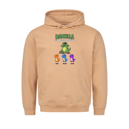 Dadzilla t-shirt med tecknad monsterpappa, små monster och barnens namn. Rolig present till pappa