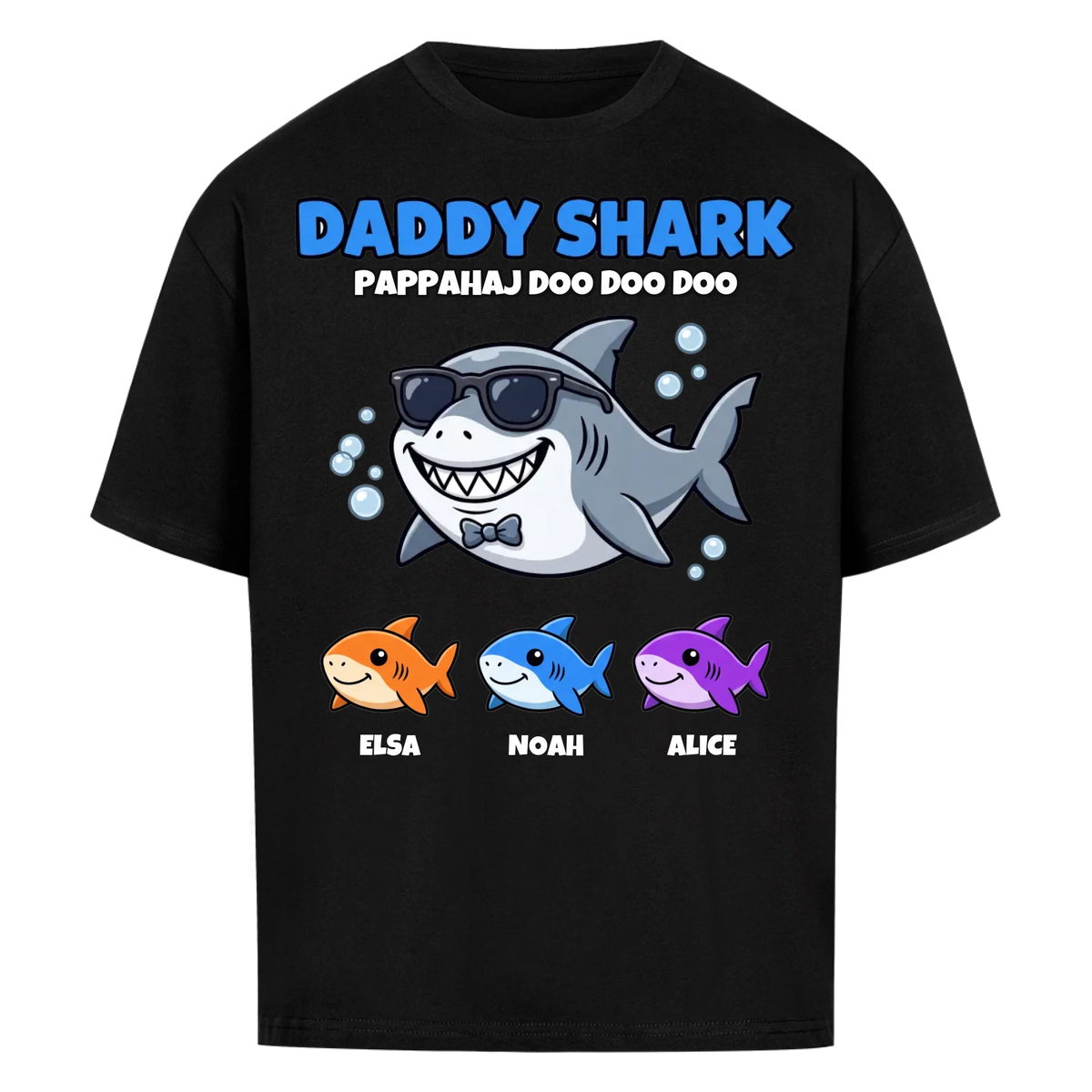 Daddy Shark t-shirt med tecknad hajpappa, små hajar och barnens namn. Rolig present till pappa