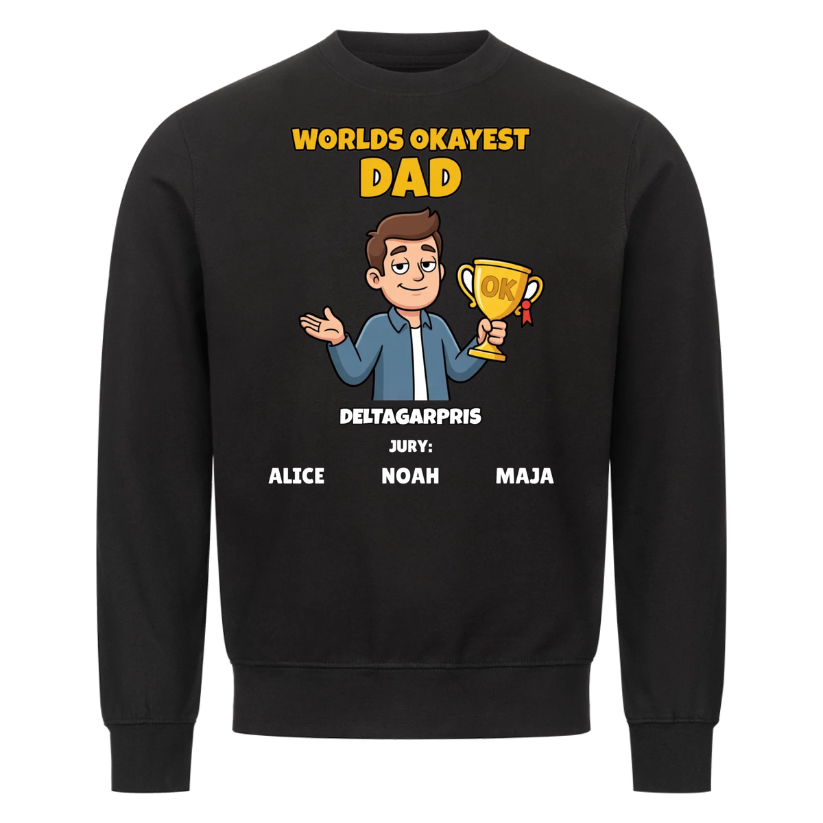 Worlds Okayest Dad t-shirt med ditt foto som tecknad pappa och barnens namn. Rolig present till pappa
