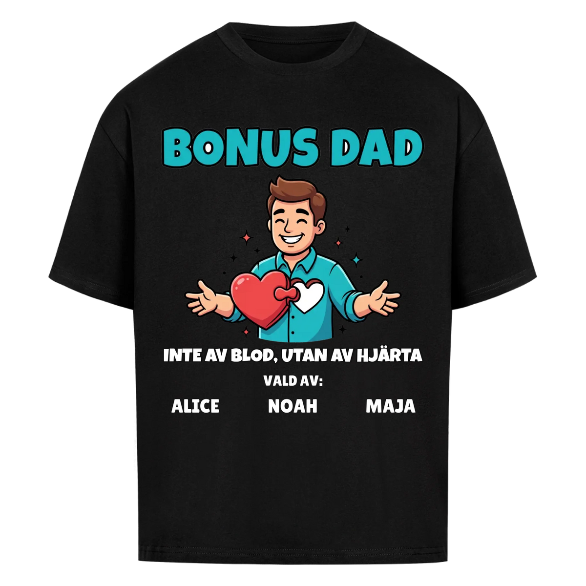 Bonus Dad t-shirt med ditt foto som tecknad bonuspappa och barnens namn. Personlig present till bonuspappa
