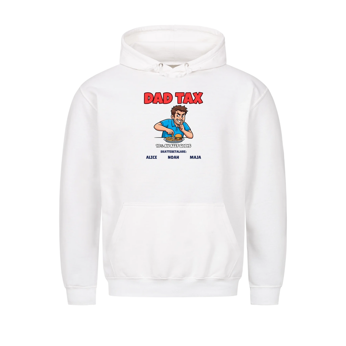 Dad Tax t-shirt med ditt foto som tecknad pappa och barnens namn. Rolig present till pappa