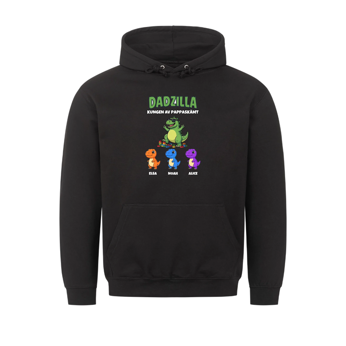 Dadzilla t-shirt med tecknad monsterpappa, små monster och barnens namn. Rolig present till pappa