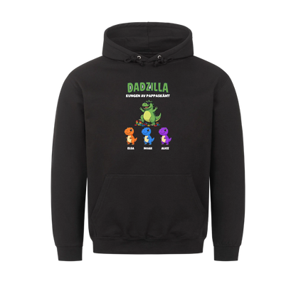 Dadzilla t-shirt med tecknad monsterpappa, små monster och barnens namn. Rolig present till pappa