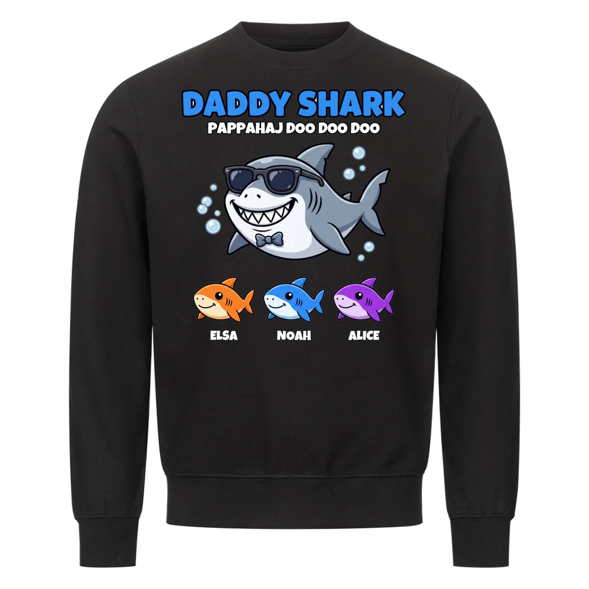 Daddy Shark t-shirt med tecknad hajpappa, små hajar och barnens namn. Rolig present till pappa