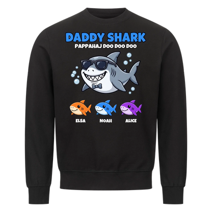 Daddy Shark t-shirt med tecknad hajpappa, små hajar och barnens namn. Rolig present till pappa