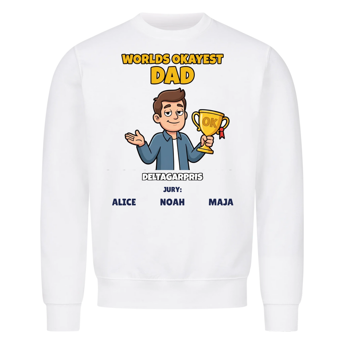Worlds Okayest Dad t-shirt med ditt foto som tecknad pappa och barnens namn. Rolig present till pappa