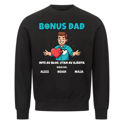 Bonus Dad t-shirt med ditt foto som tecknad bonuspappa och barnens namn. Personlig present till bonuspappa