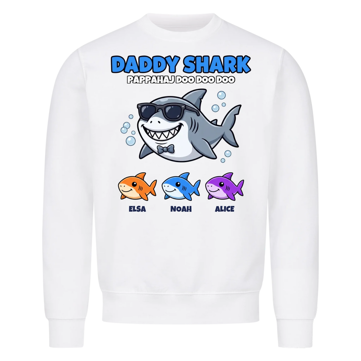 Daddy Shark t-shirt med tecknad hajpappa, små hajar och barnens namn. Rolig present till pappa