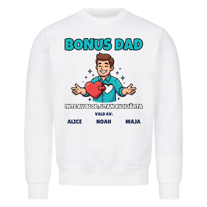 Bonus Dad t-shirt med ditt foto som tecknad bonuspappa och barnens namn. Personlig present till bonuspappa