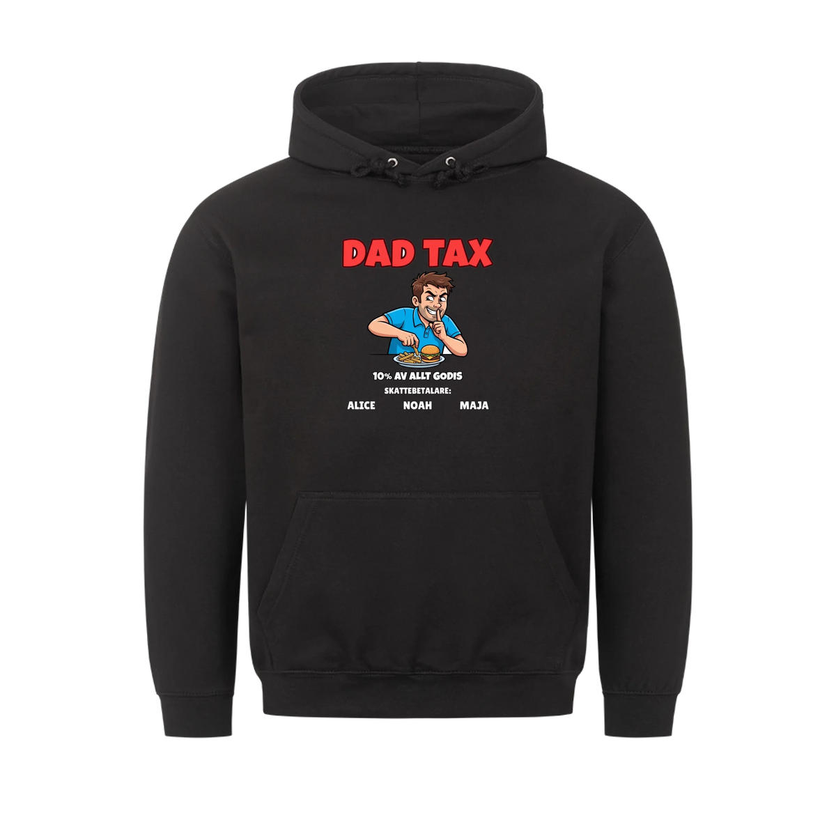 Dad Tax t-shirt med ditt foto som tecknad pappa och barnens namn. Rolig present till pappa