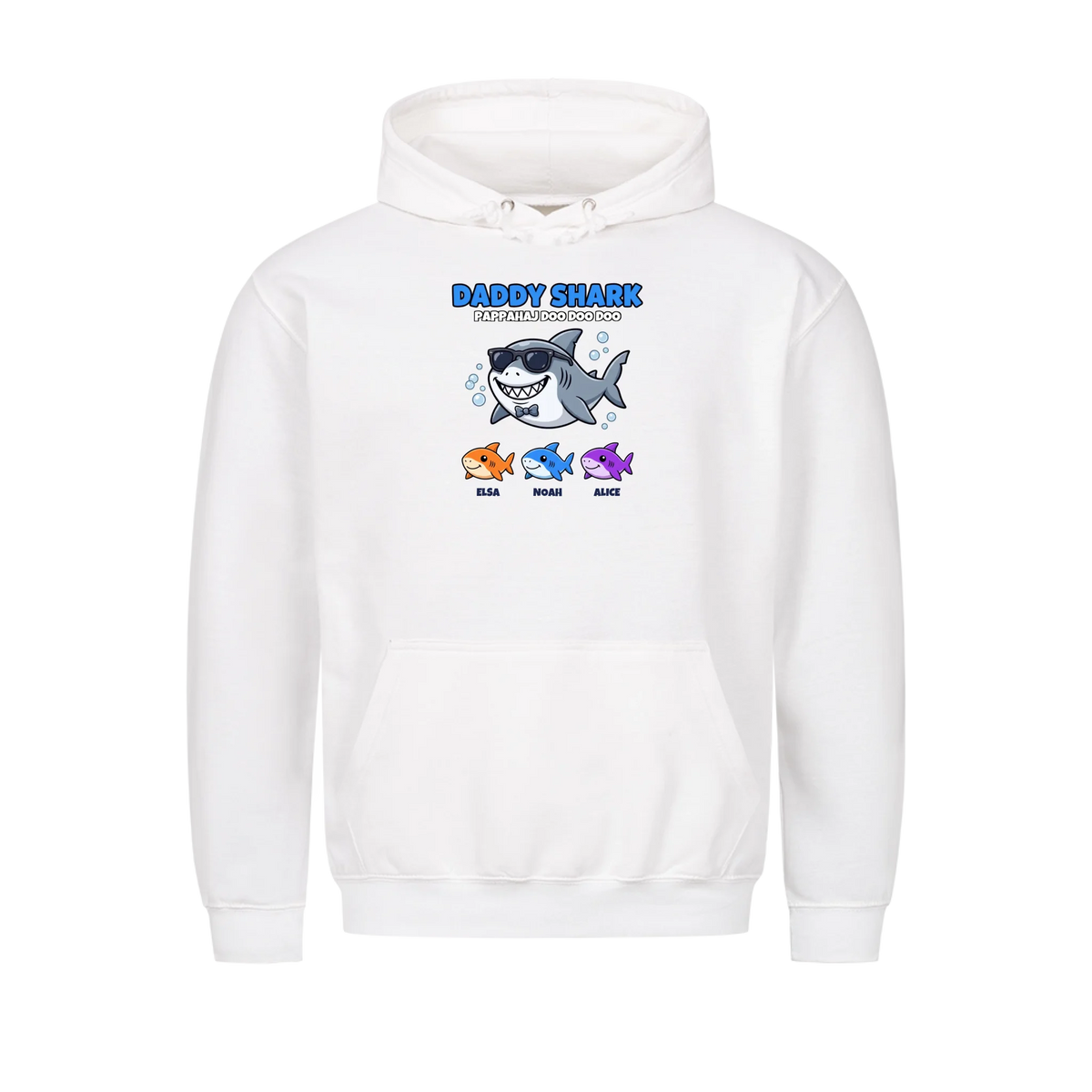 Daddy Shark t-shirt med tecknad hajpappa, små hajar och barnens namn. Rolig present till pappa