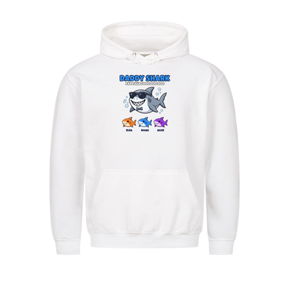 Daddy Shark t-shirt med tecknad hajpappa, små hajar och barnens namn. Rolig present till pappa