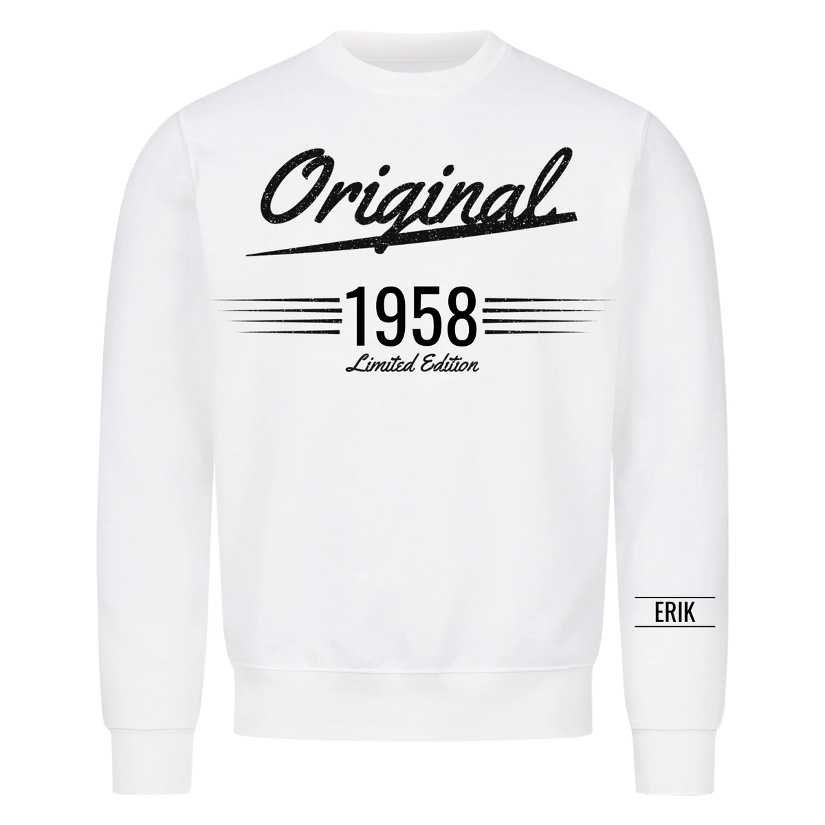Original t-shirt med födelseår och namn på ärmen. Present till farfar och morfar