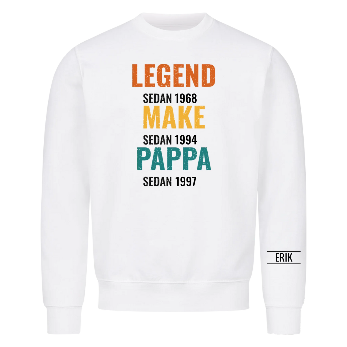 Legend Make Pappa t-shirt med årtal och namn på ärmen. Present till pappa på fars dag