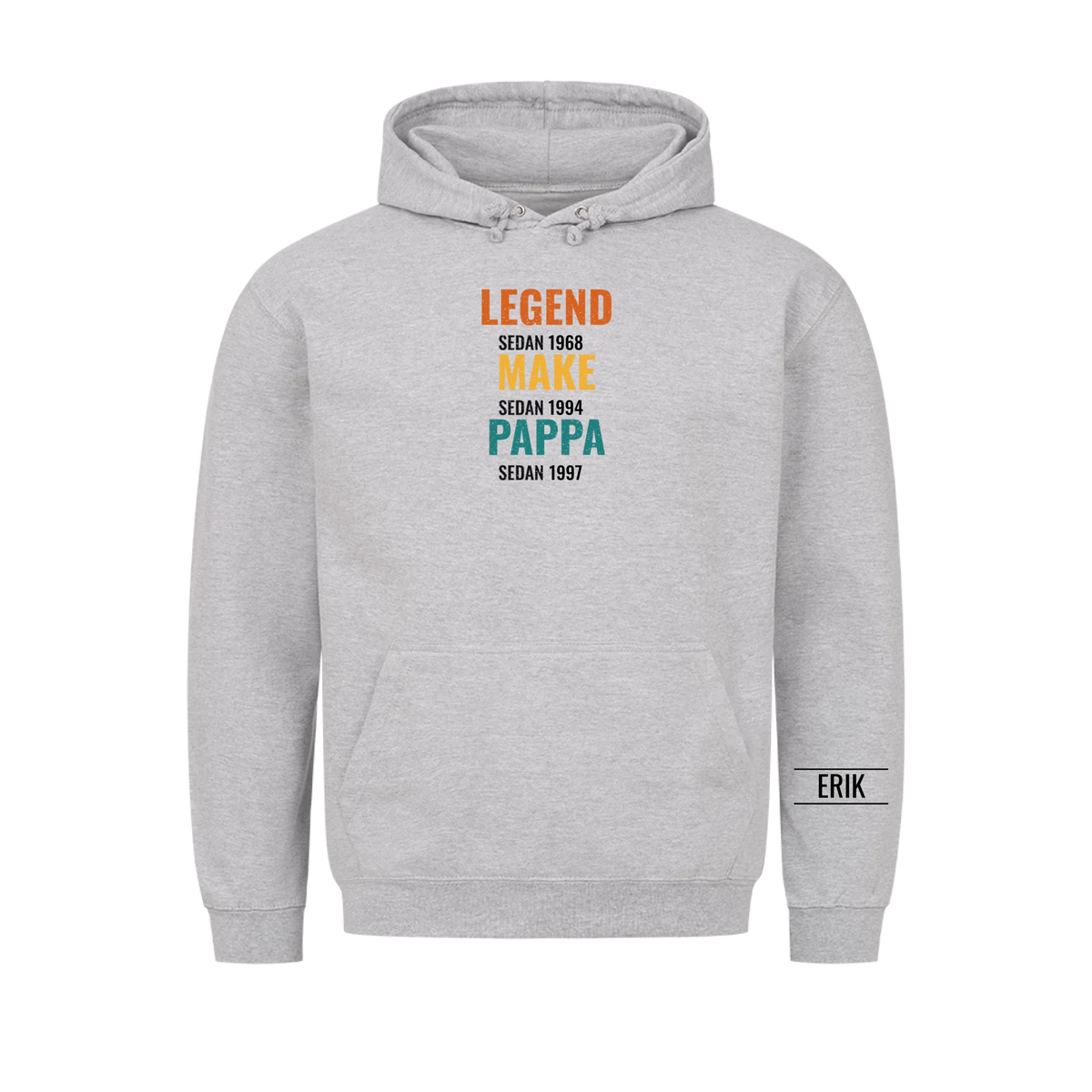 Legend Make Pappa t-shirt med årtal och namn på ärmen. Present till pappa på fars dag