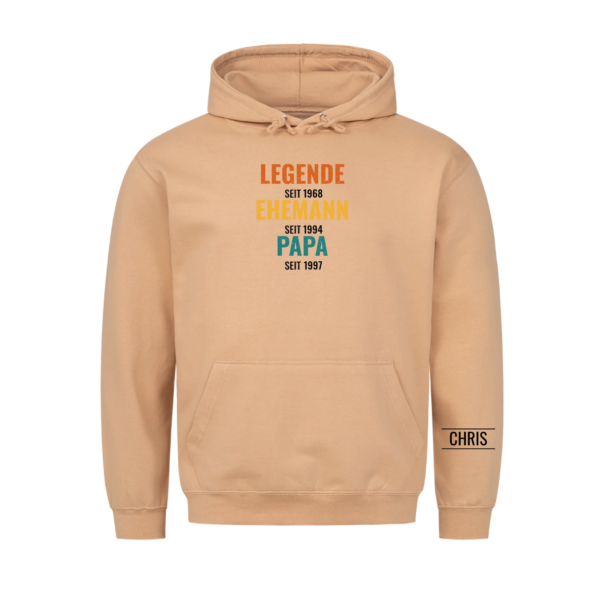 Legende Ehemann Papa T-Shirt mit Jahreszahlen und Name am Ärmel. Geschenk für Papa