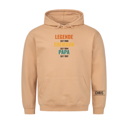 Legende Ehemann Papa T-Shirt mit Jahreszahlen und Name am Ärmel. Geschenk für Papa